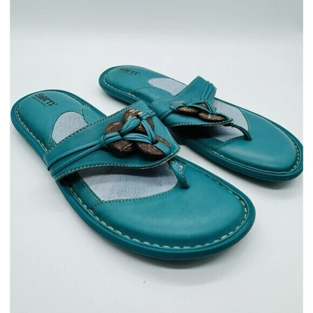 Womens 8 Born Blue Thong Flip Flops Sandals Leather Coconut Boho SIZE 9 - Picture 1 of 6